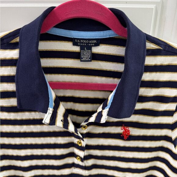 US Polo Women Striped Polo Tee Shirt Blue White Large Stretch Short sleeve - Picture 2 of 6